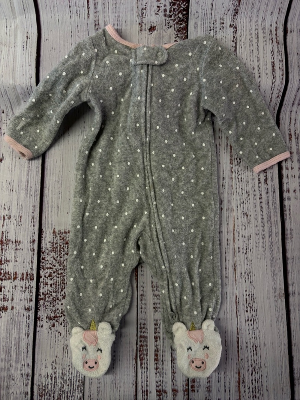 Carter's Gray Polka Dot Footed One-Piece with Unicorn Feet and Pink Trim